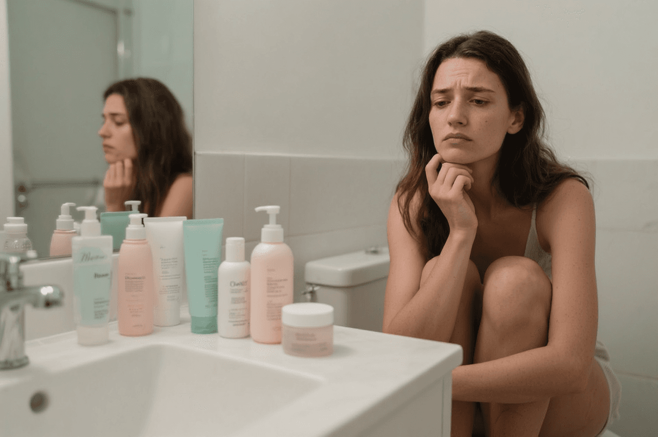 Sad woman in the bathroom