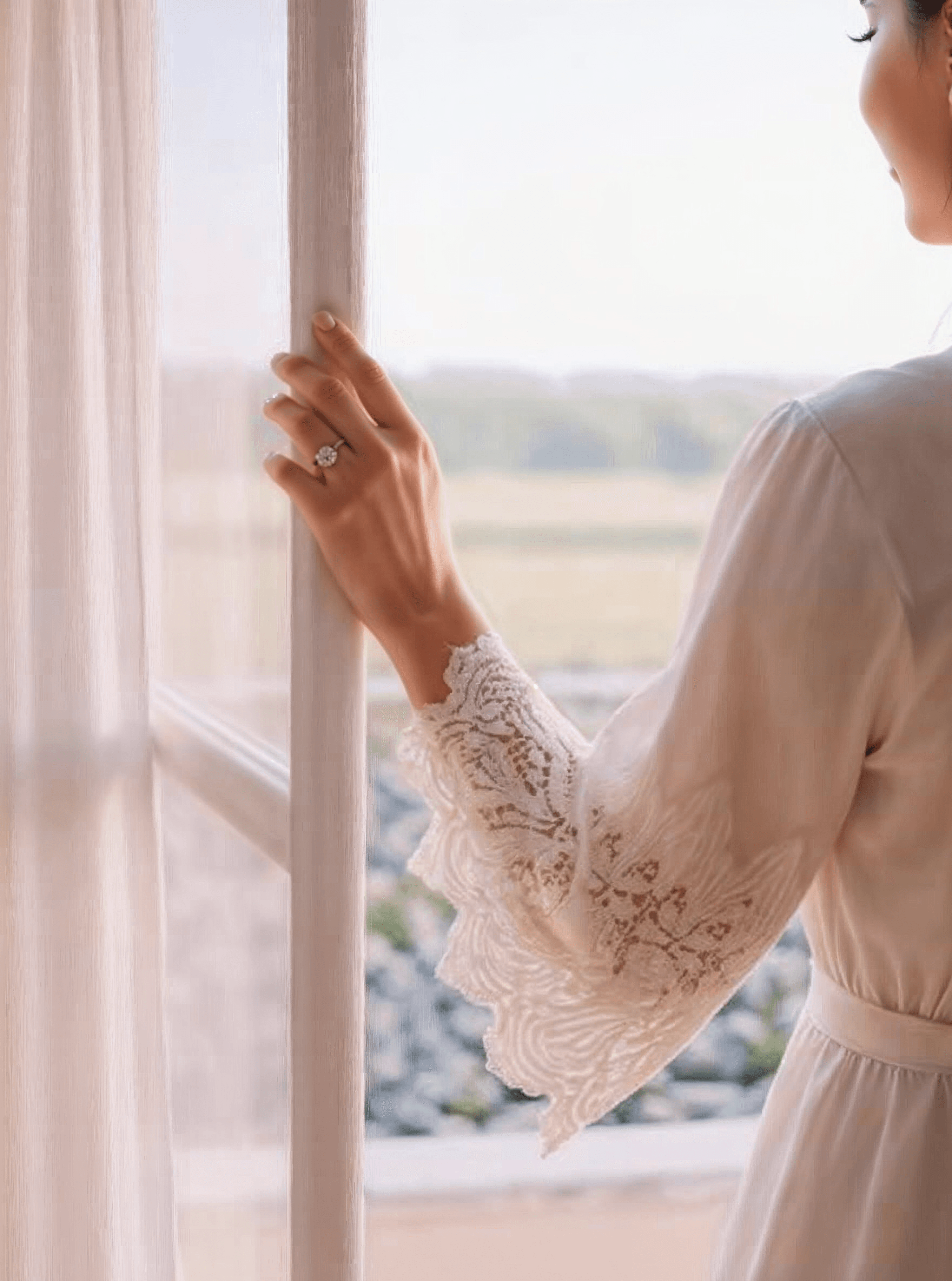 A woman's hand holds the frame of an open window